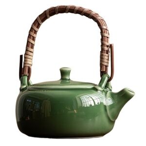 Kotobuki Green glazed Ceramic Teapot Japan with Woven Handle